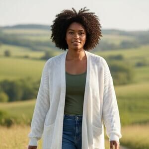 Moral Fiber Cardigan Sweater Womens 2X White Open Knit Distressed Ladder Back V